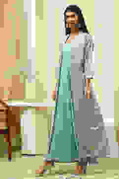 Turquoise Printed Layered Cape Dress image number 3