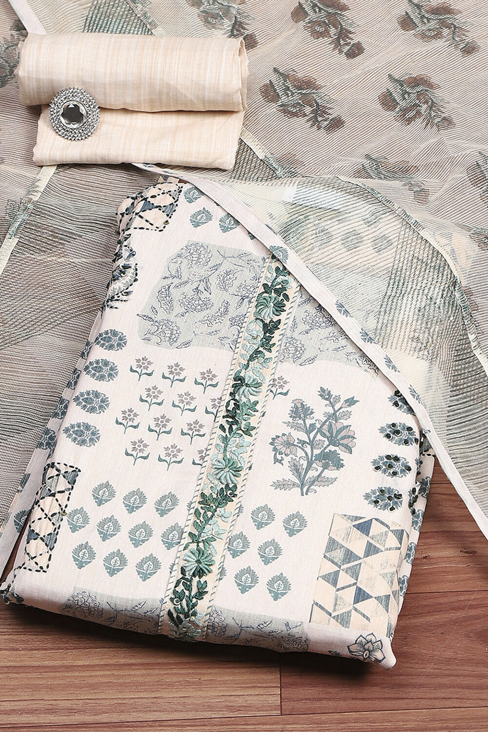 White Blue Cotton Digital Print Unstitched Suit Set image number 0