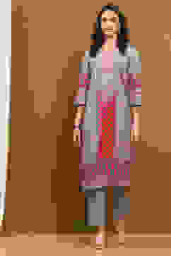 Beige and Blue Cotton Printed Straight Kurta Set image number 6