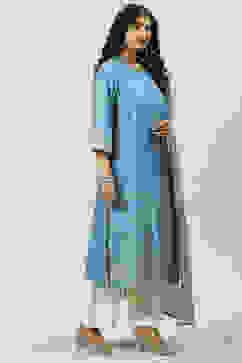 Blue LIVA Straight Kurta Palazzo Suit Set image number 6