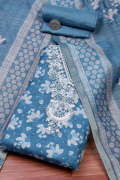 Teal Linen Blend Digital Print Unstitched Suit Set image number 0