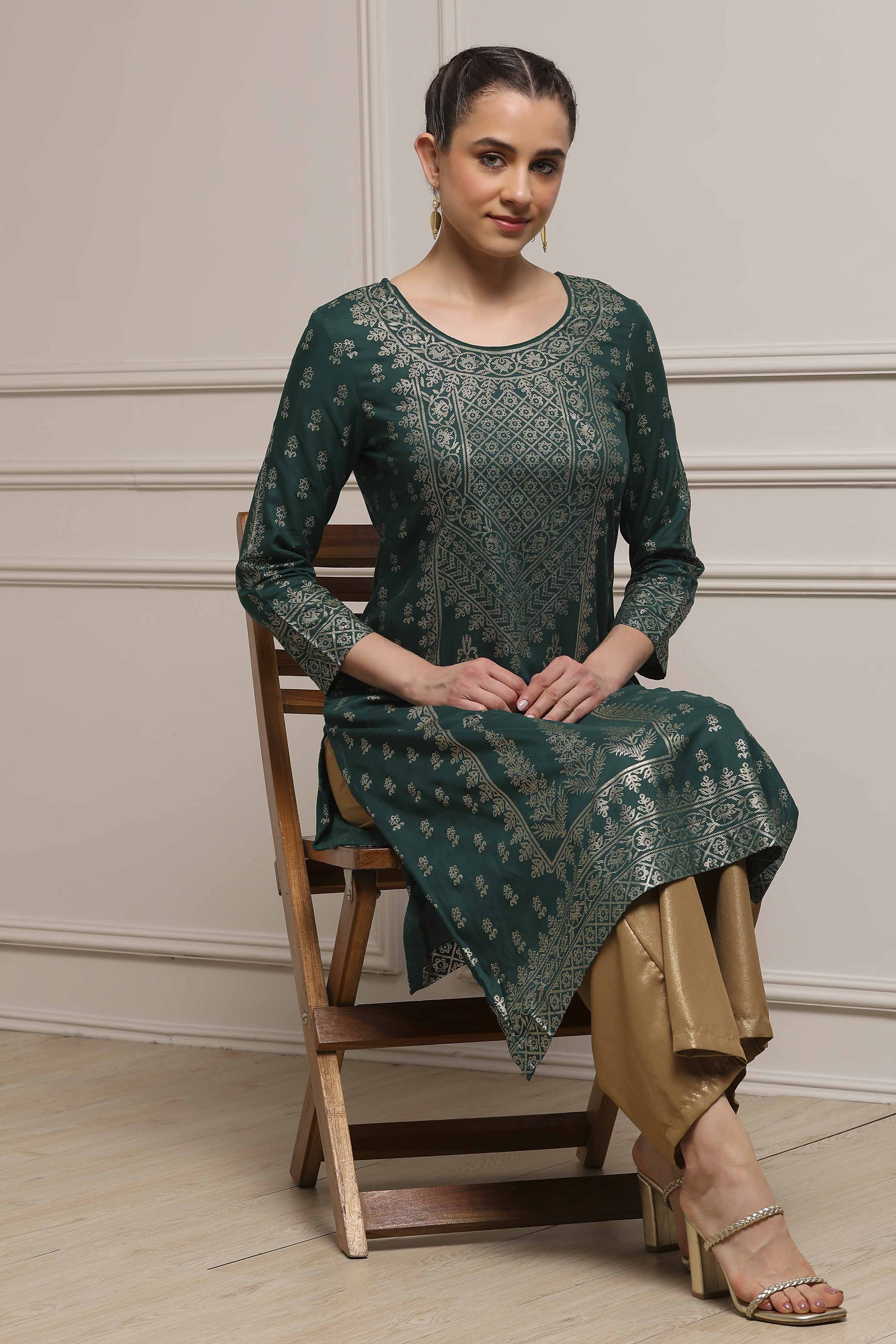 Bottle Green LIVA Straight Printed Kurta image number 0