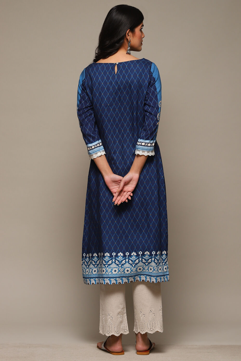 Navy LIVA Straight Printed Kurta image number 4