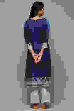 Navy LIVA Straight Printed Kurta image number 4