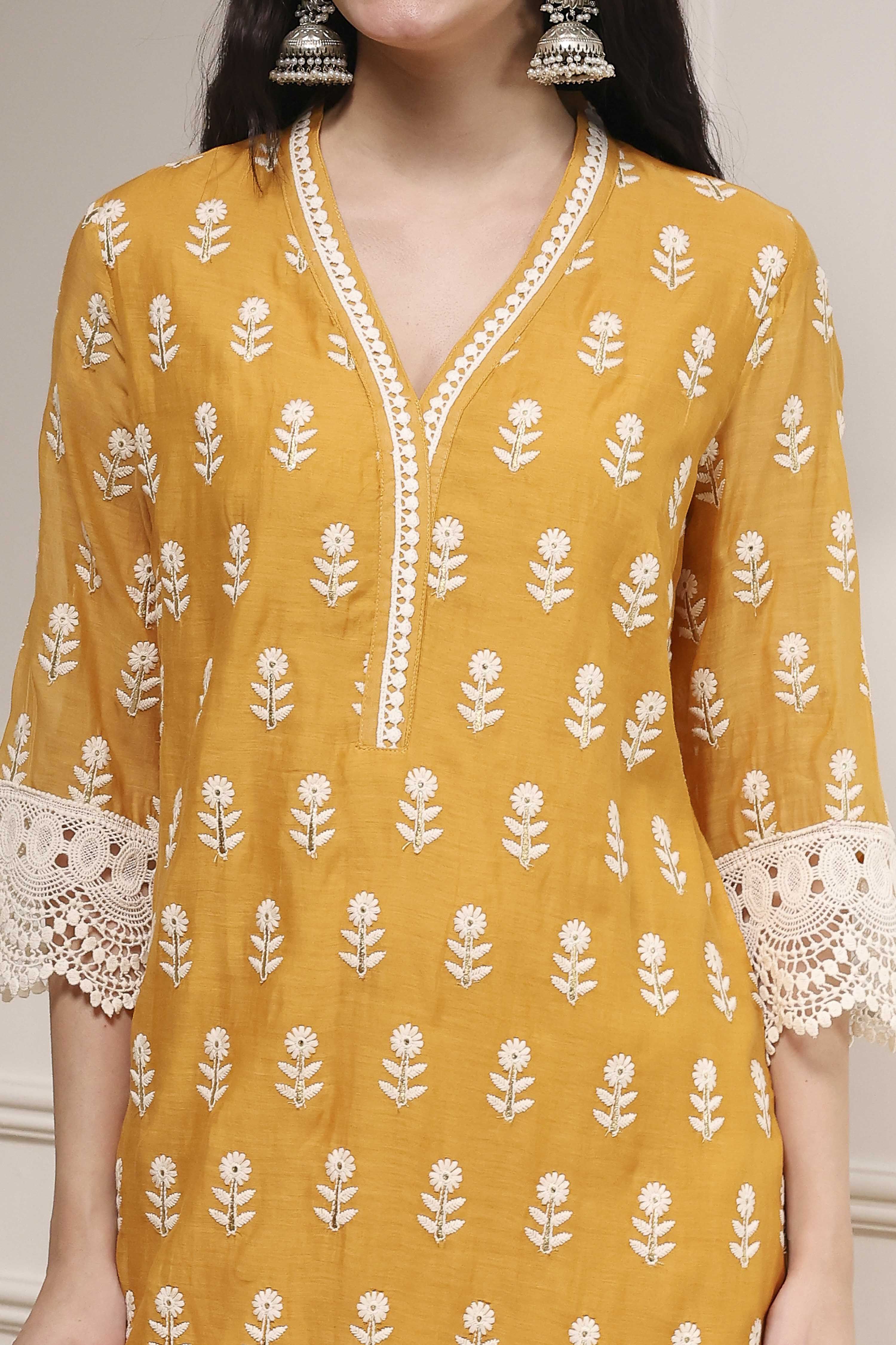 Ochre Yellow Chanderi Straight Suit Set image number 1