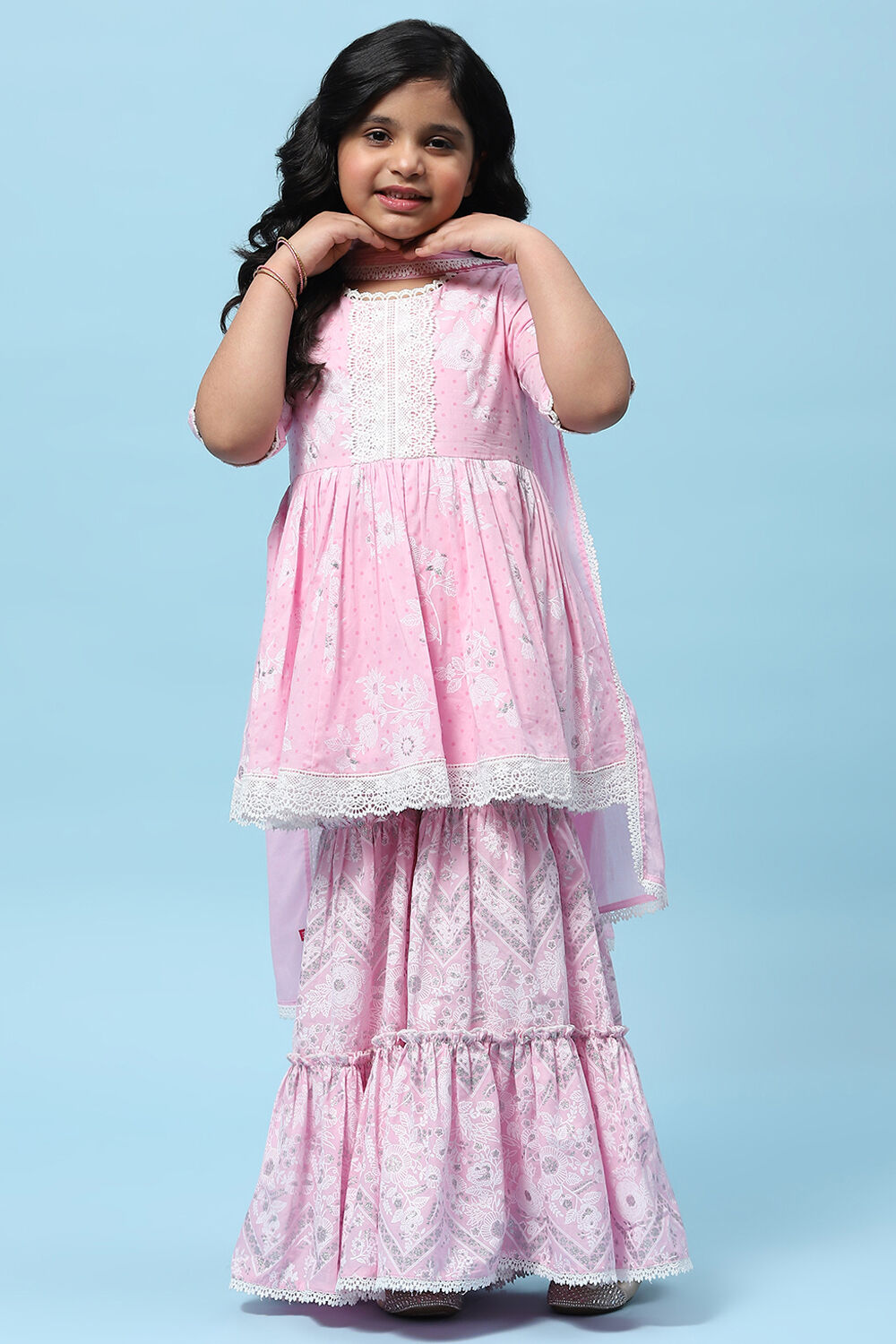 Pink Cotton Floral Printed Gathered Peplum Suit Set image number 7