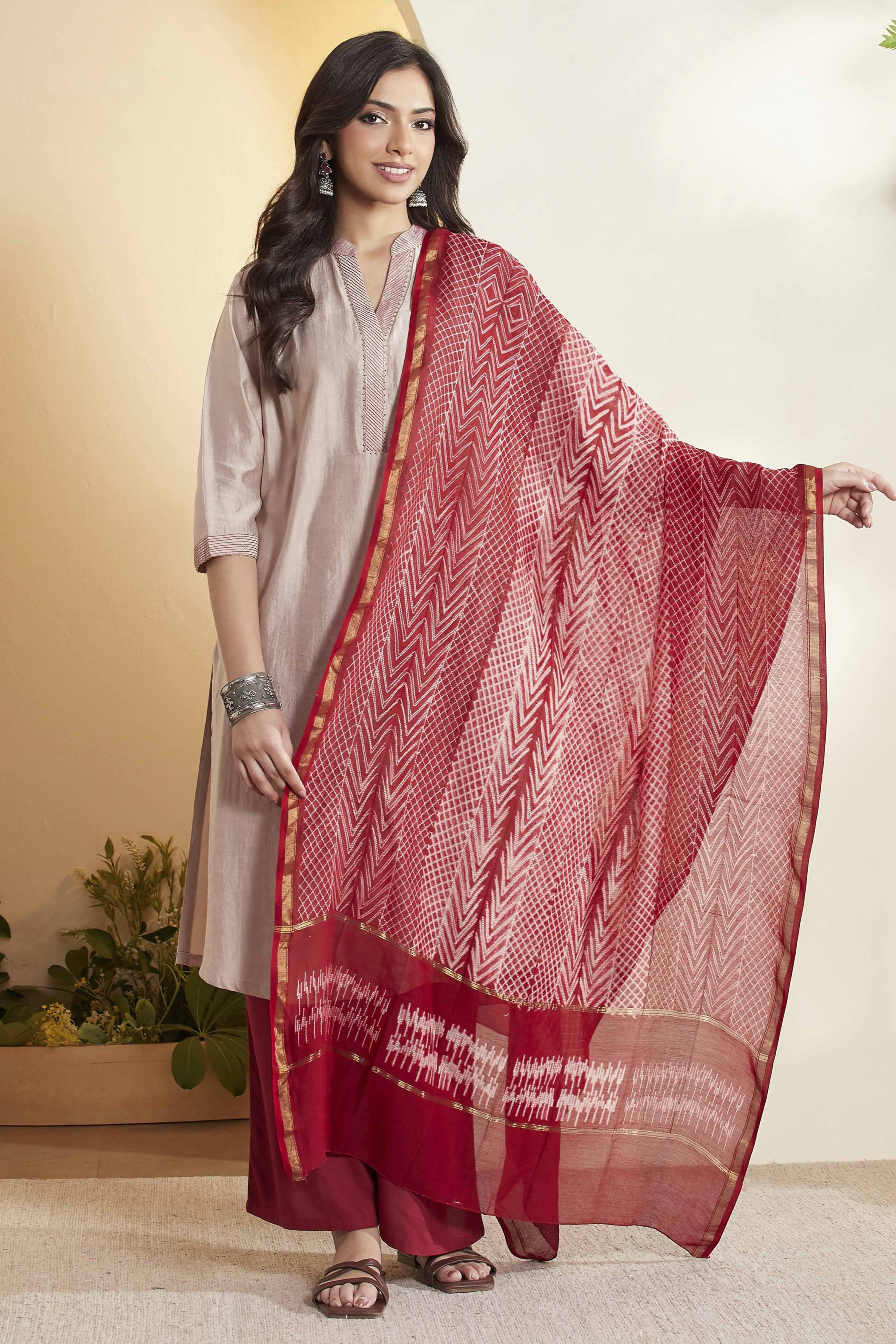Red Chanderi Chevron Printed Dupatta image number 6