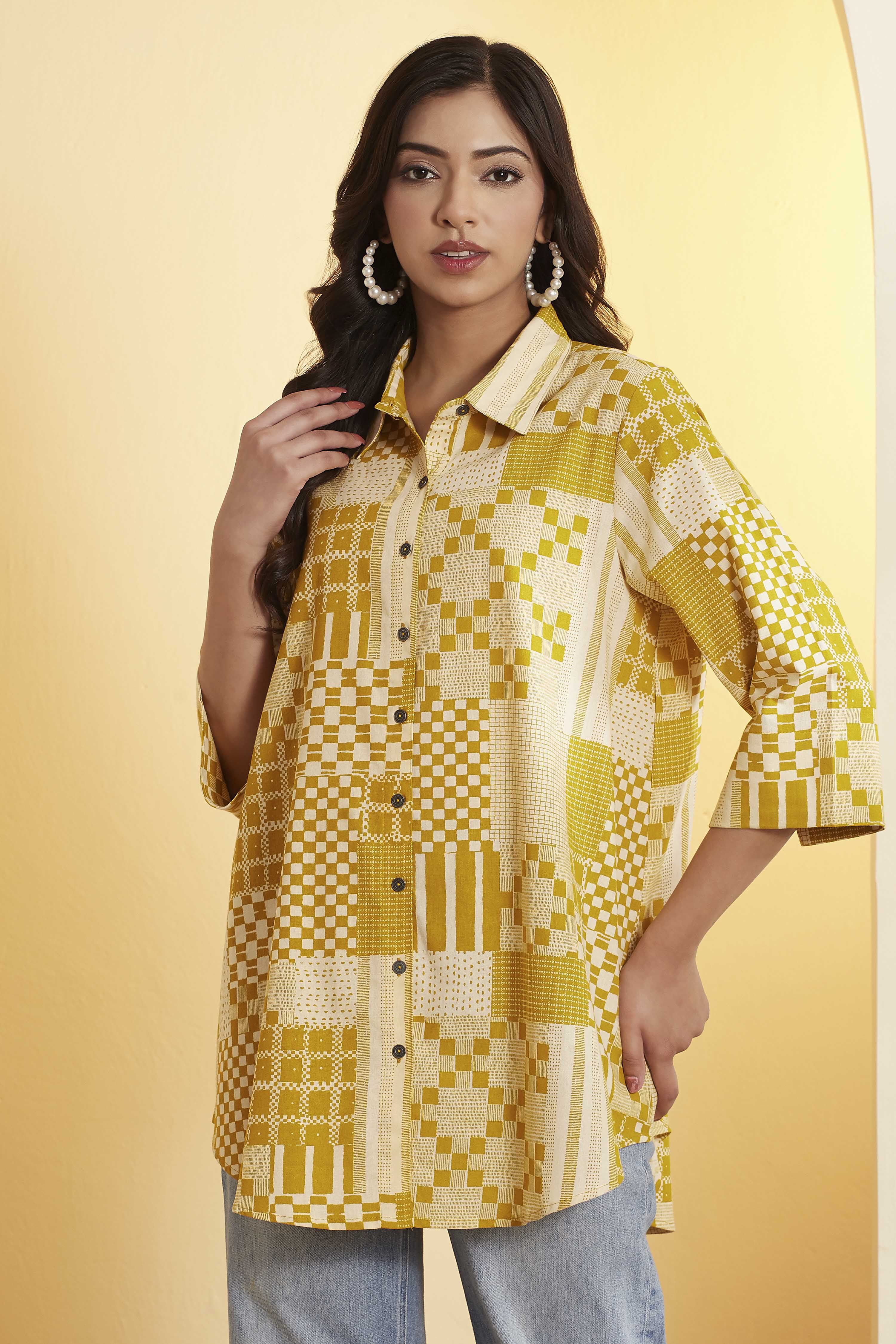 Navy Blue Cotton Checked A-Line Shirt Style Kurta image number 5