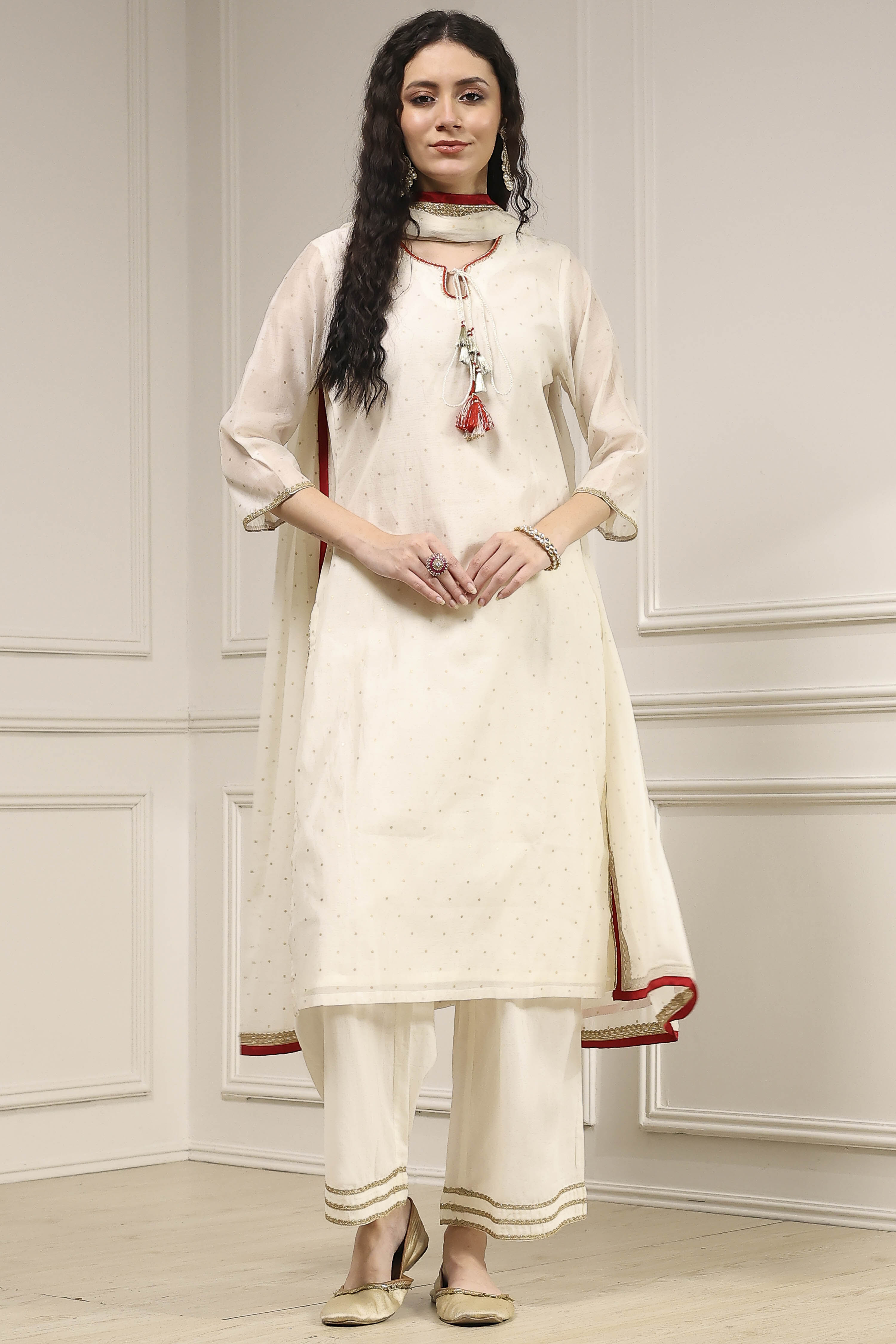 Off-White Art Silk Printed Straight Suit Set image number 6