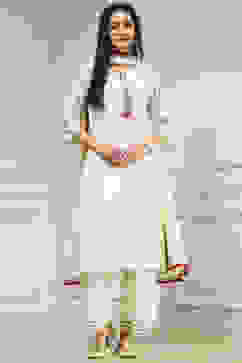 Off-White Art Silk Printed Straight Suit Set image number 6