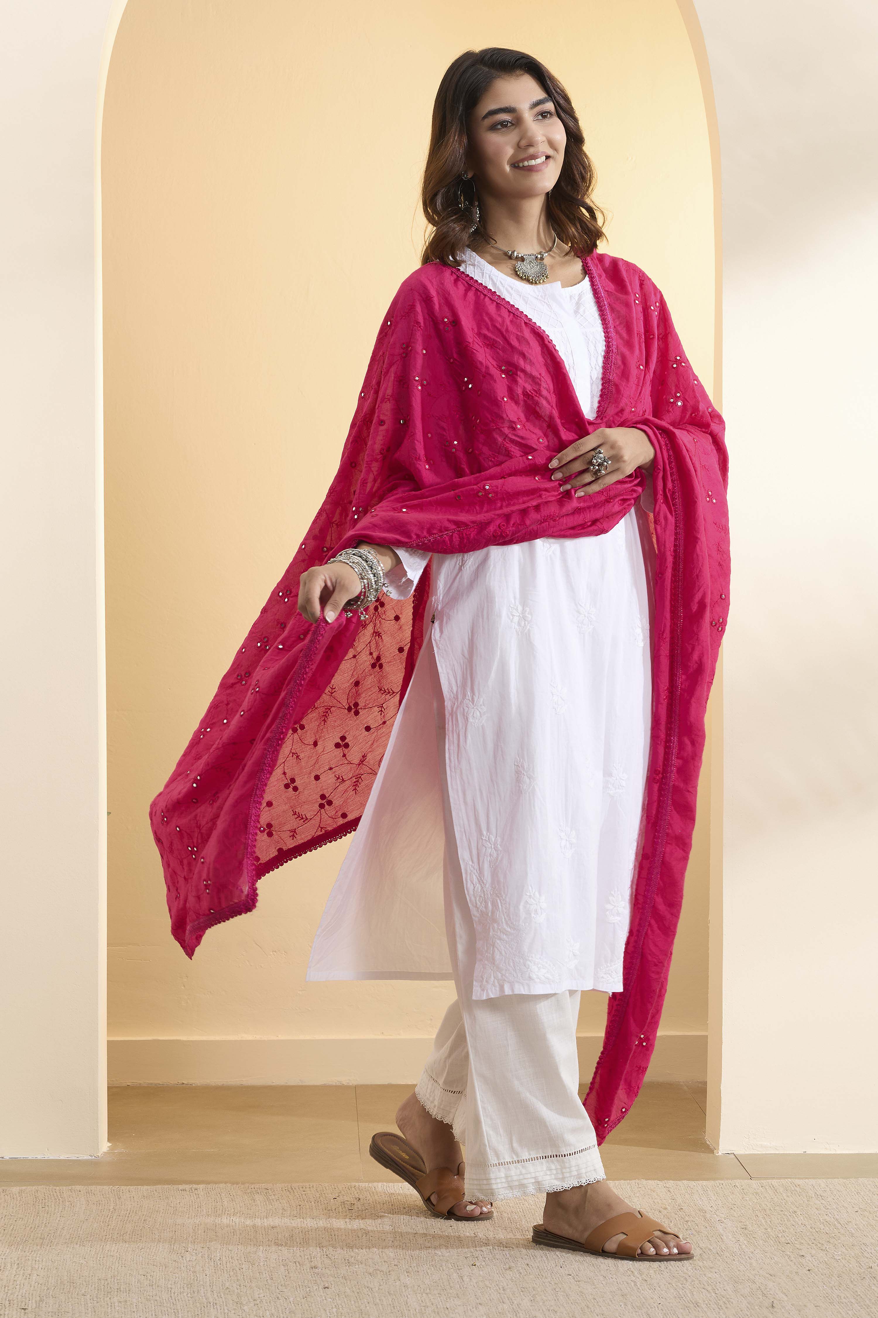 Pink Poly Mirrorwork Dupatta image number 1