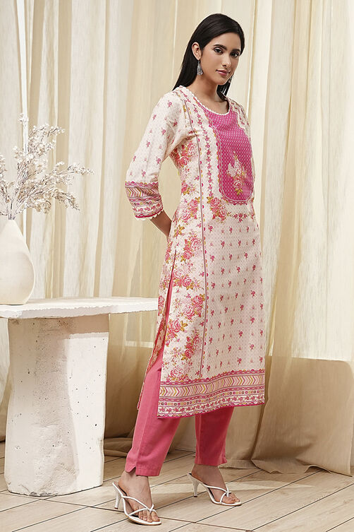 Pink Cotton Printed Straight Kurta image number 4