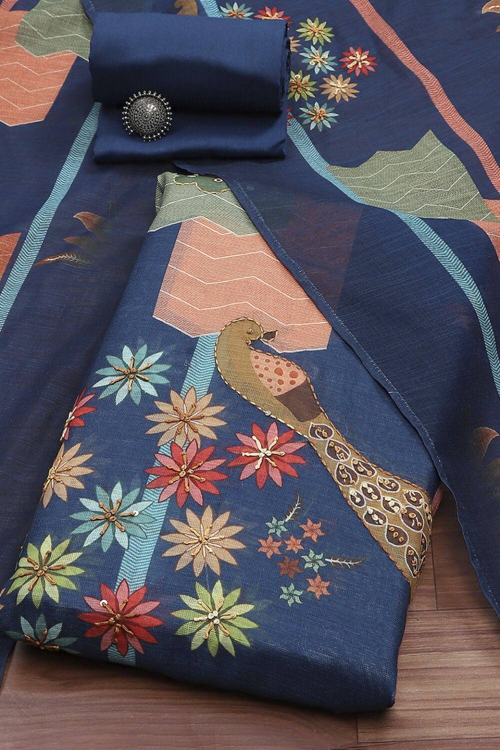 Navy Blue Chanderi Printed Unstitched Suit Set image number 0