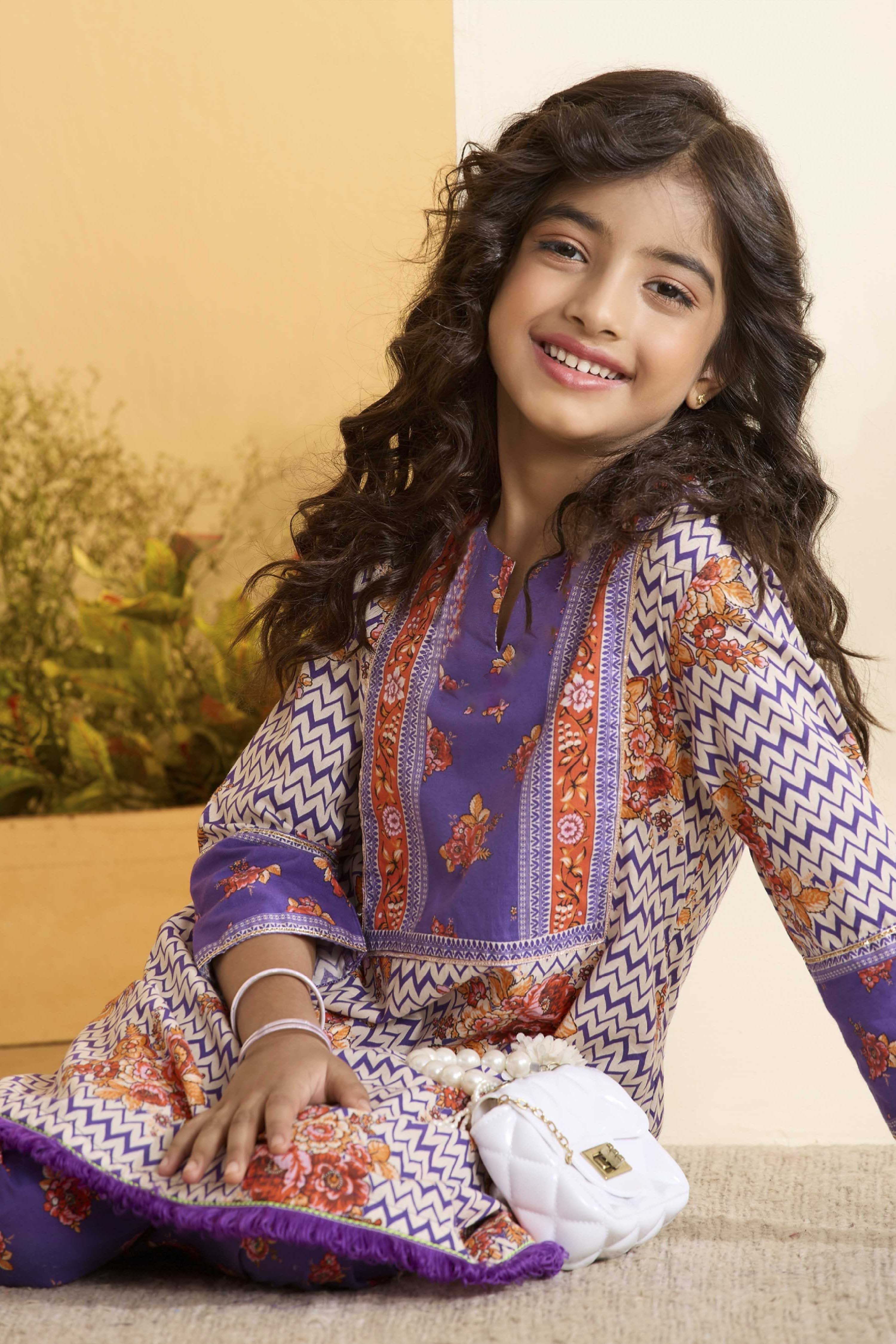 Purple Cotton Printed A-Line Kurta Set image number 7