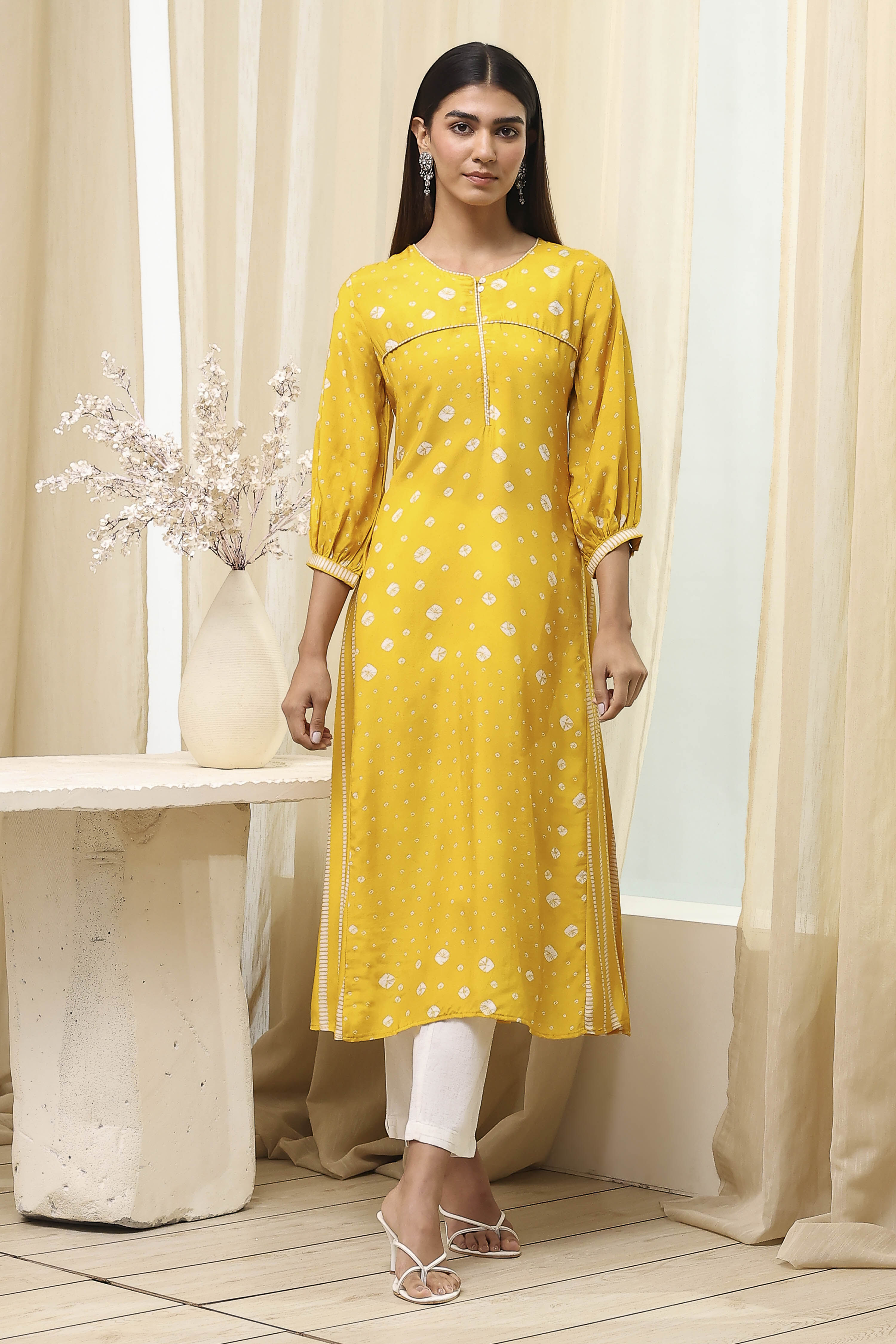 Mustard Yellow Modal Printed A-Line Kurta image number 5