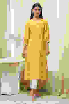 Mustard Yellow Modal Printed A-Line Kurta image number 5