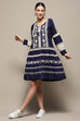 Indigo Pure Cotton Embroidered Flared Dress