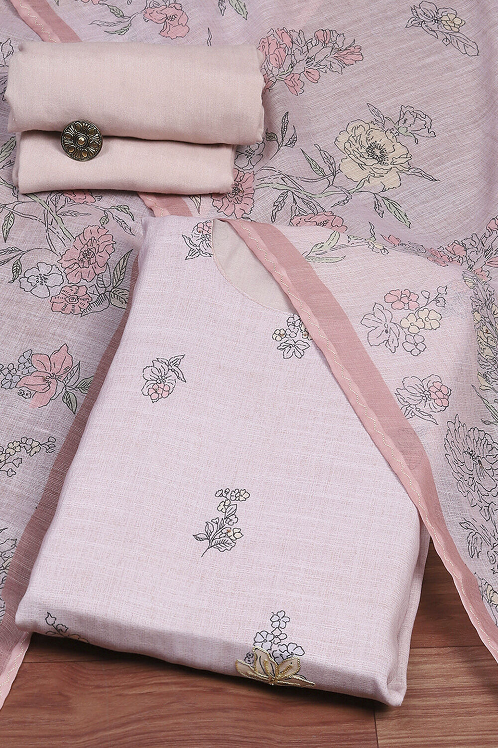 Peach Linen Unstitched Suit Set image number 0