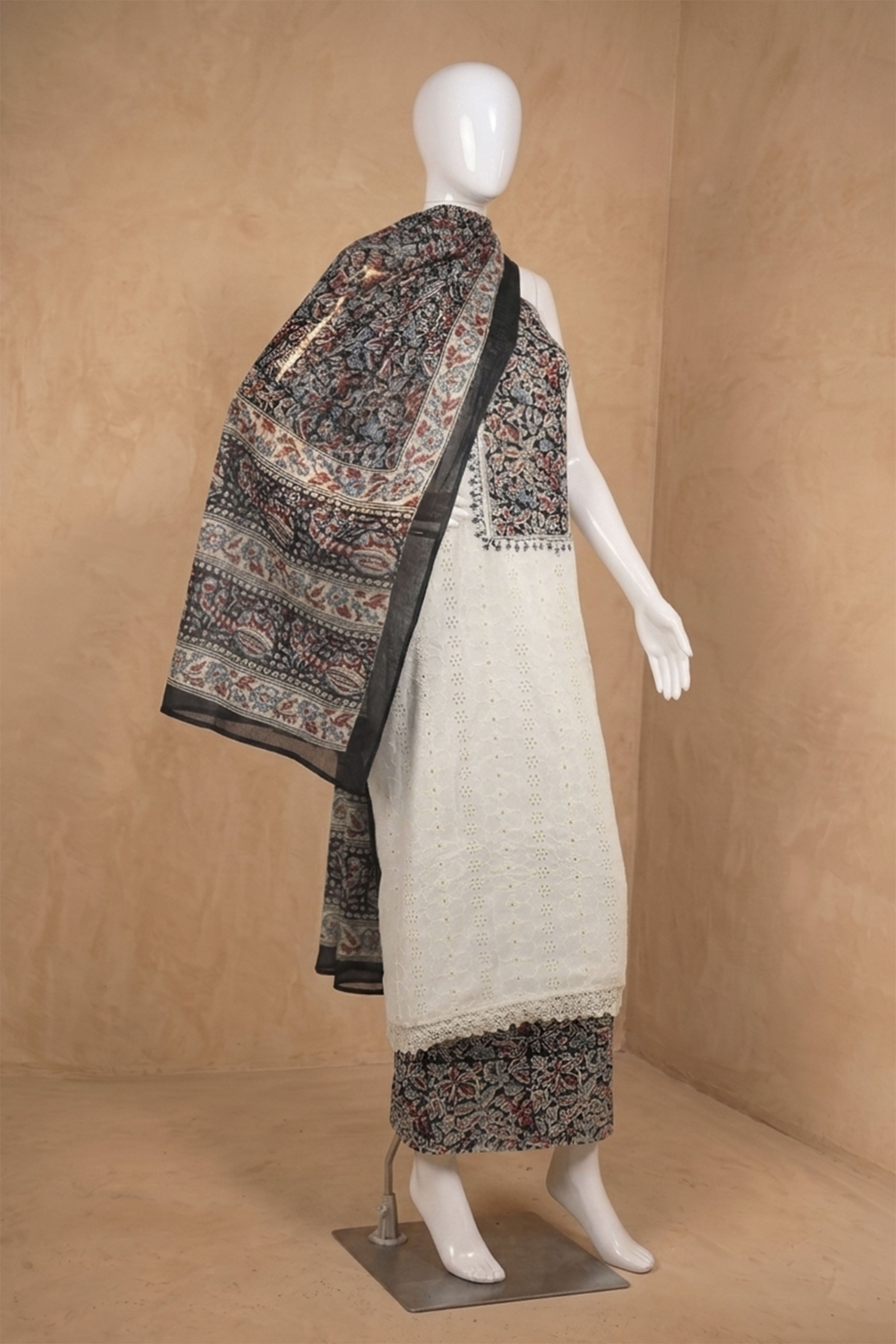 Black Cotton Printed Unstitched Suit Set image number 4
