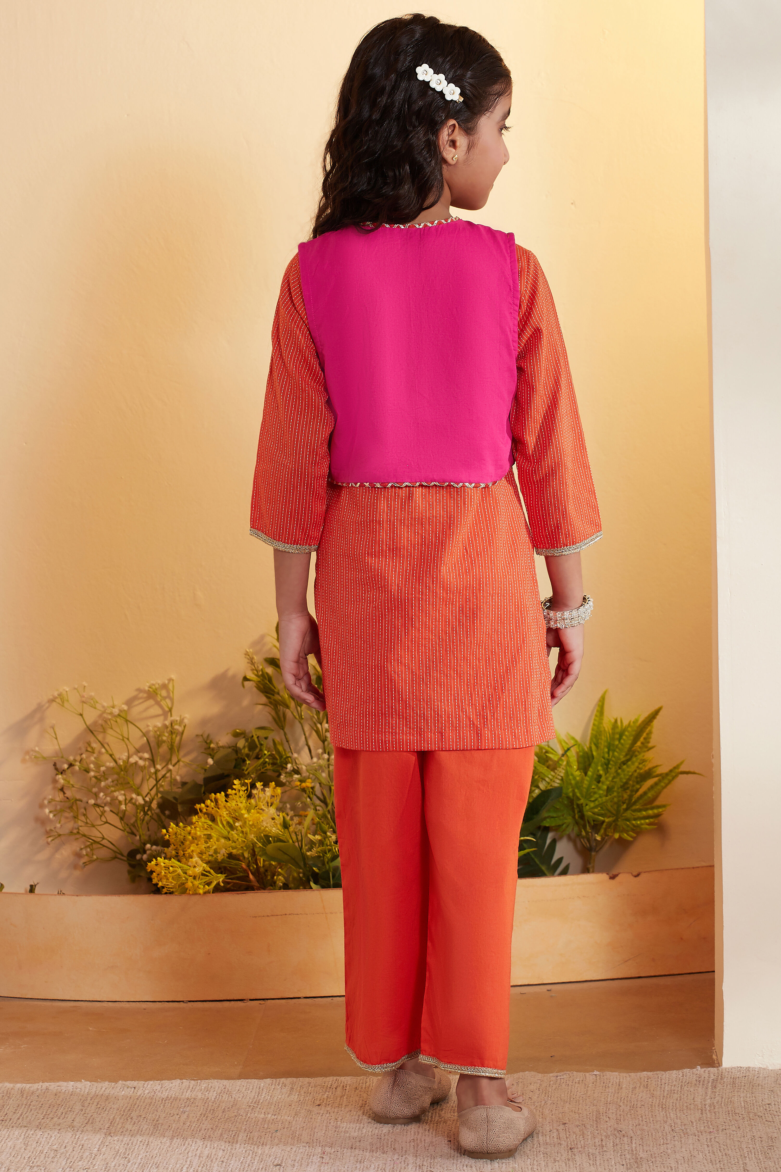 Orange Cotton Straight Kurta Set with Jacket image number 5