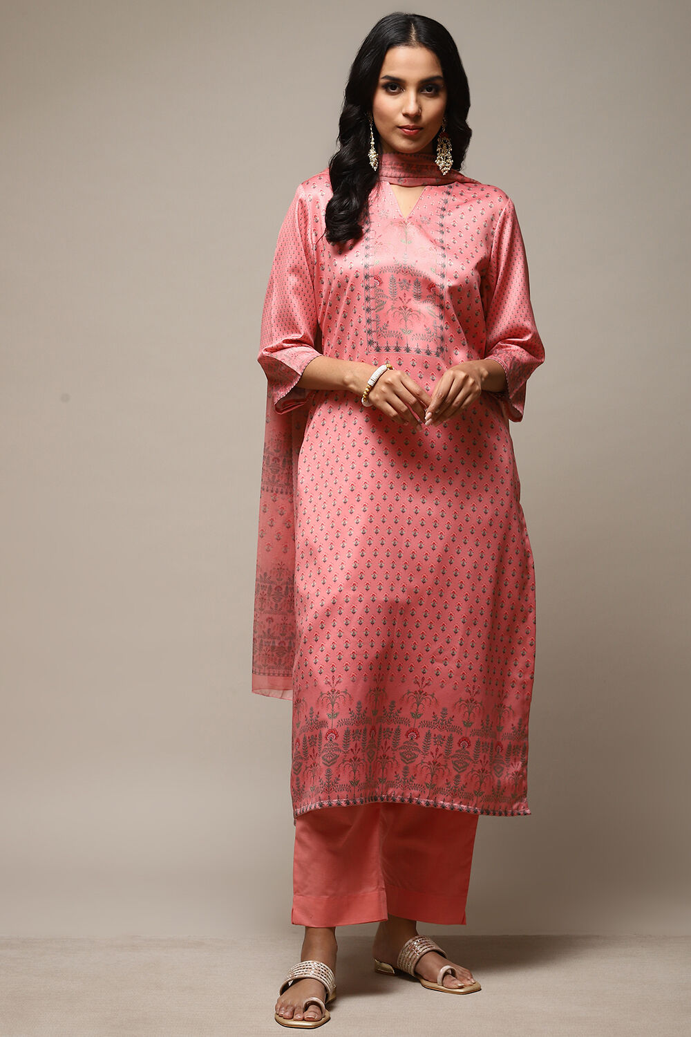 Peach Cotton Screen Print Unstitched Suit Set image number 8