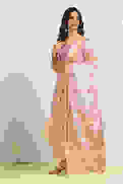 Peach Tussar Silk Blend Printed Unstitched Suit Set image number 4