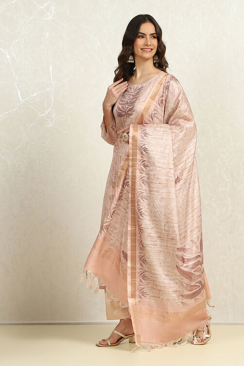 Blue Tussar Printed Unstitched Suit Set image number 4