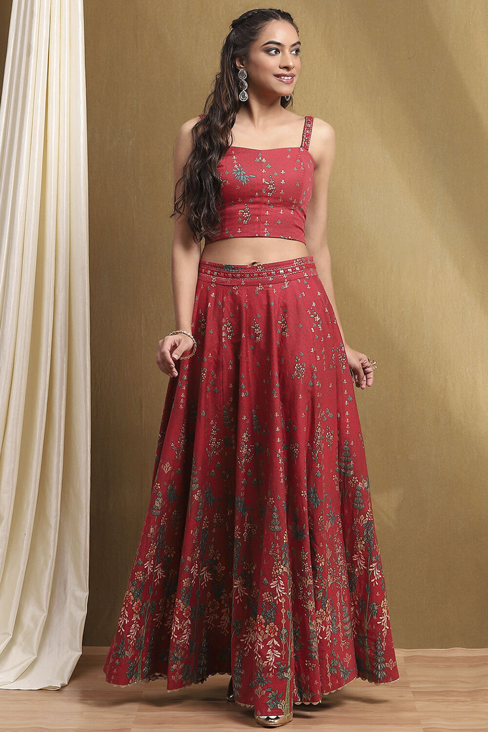 Red Satin Printed Lightweight Lehenga Set image number 7