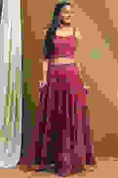 Red Satin Printed Lightweight Lehenga Set image number 7