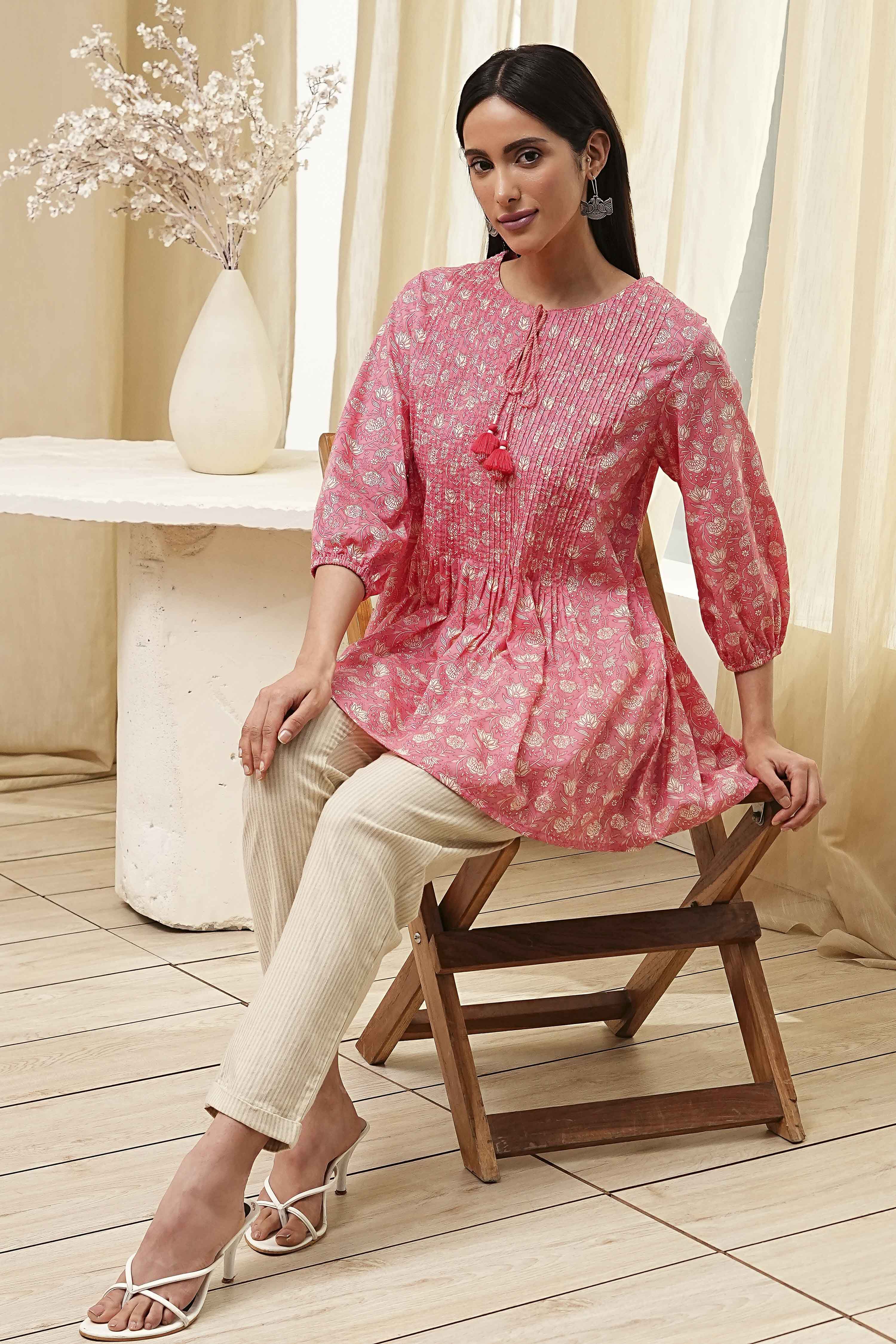 Coral Cotton Pleated Short Kurta image number 0