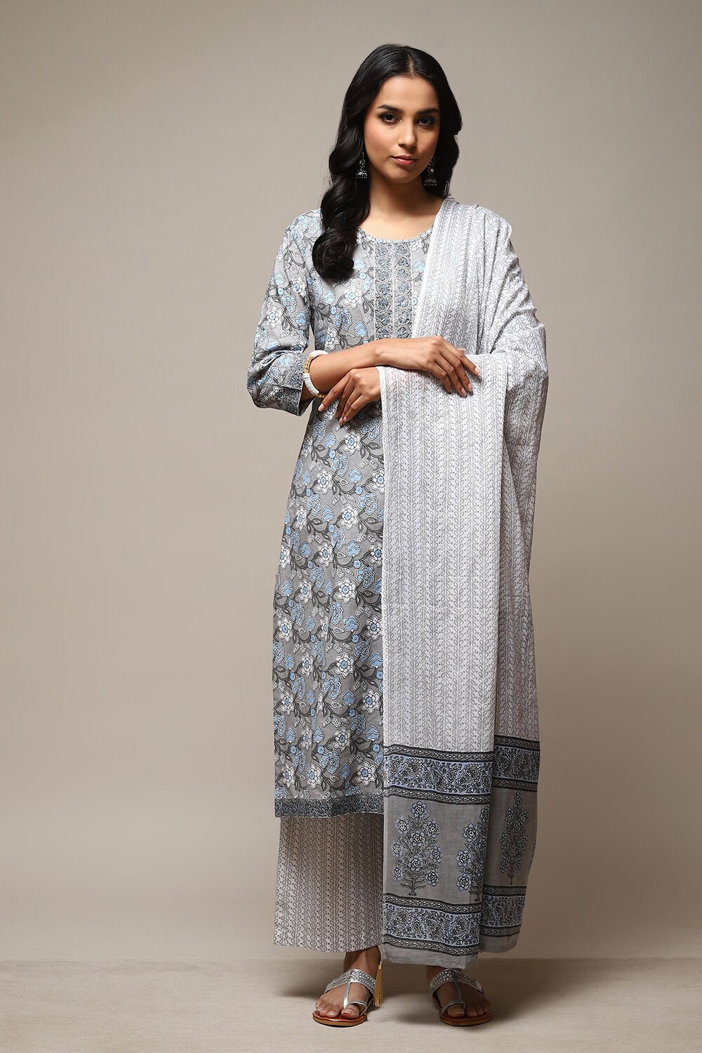 Grey Cotton Hand Block Print Unstitched Suit Set image number 8