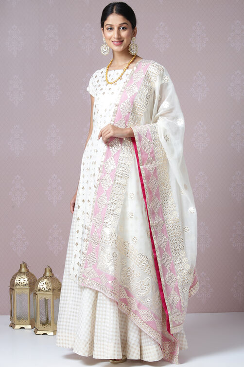 Off White Poly Metallic Cotton Straight Kurta Skirt Suit Set image number 4