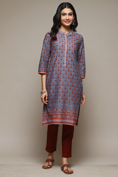 Grey Cotton Straight Printed Kurta image number 5