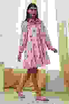 Peach-Colored Cotton  Floral Tiered Dress image number 4