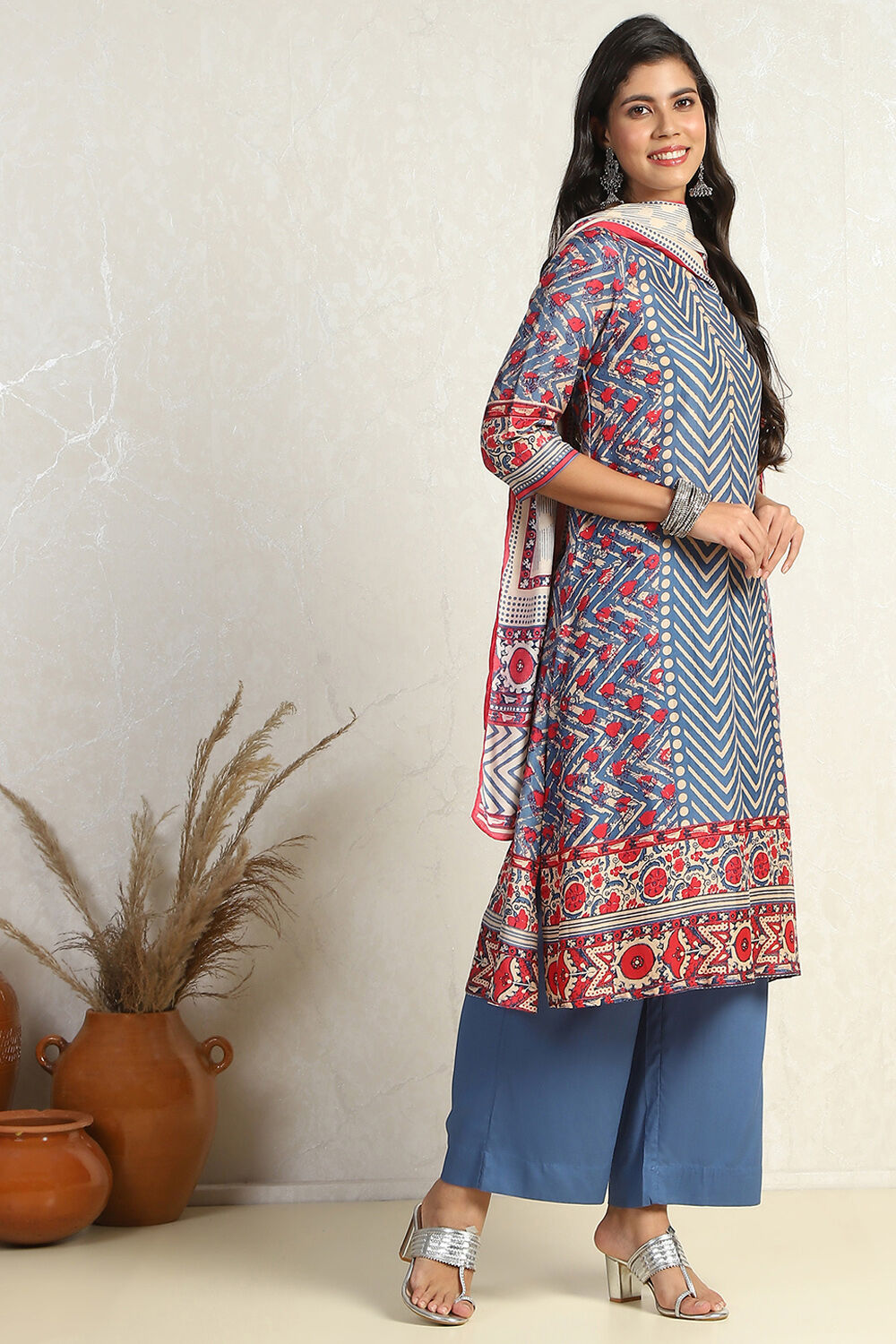 Blue Modal Geometric Printed Straight Suit Set image number 5