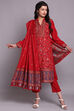 Red Woolen A-Line Kurta Slim Pant Suit Set image number 4