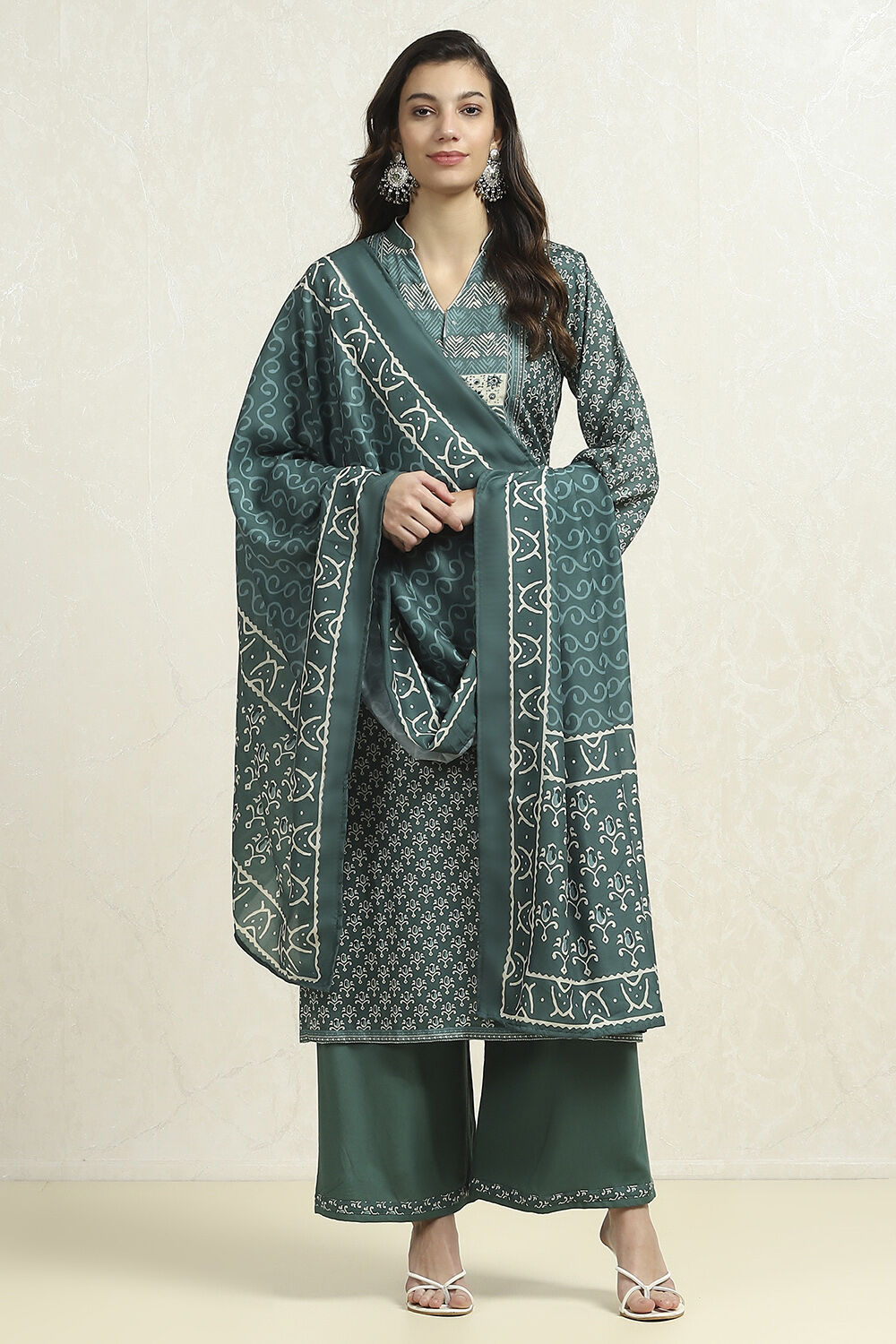 Green Cotton Blend Printed Unstitched Suit Set image number 1