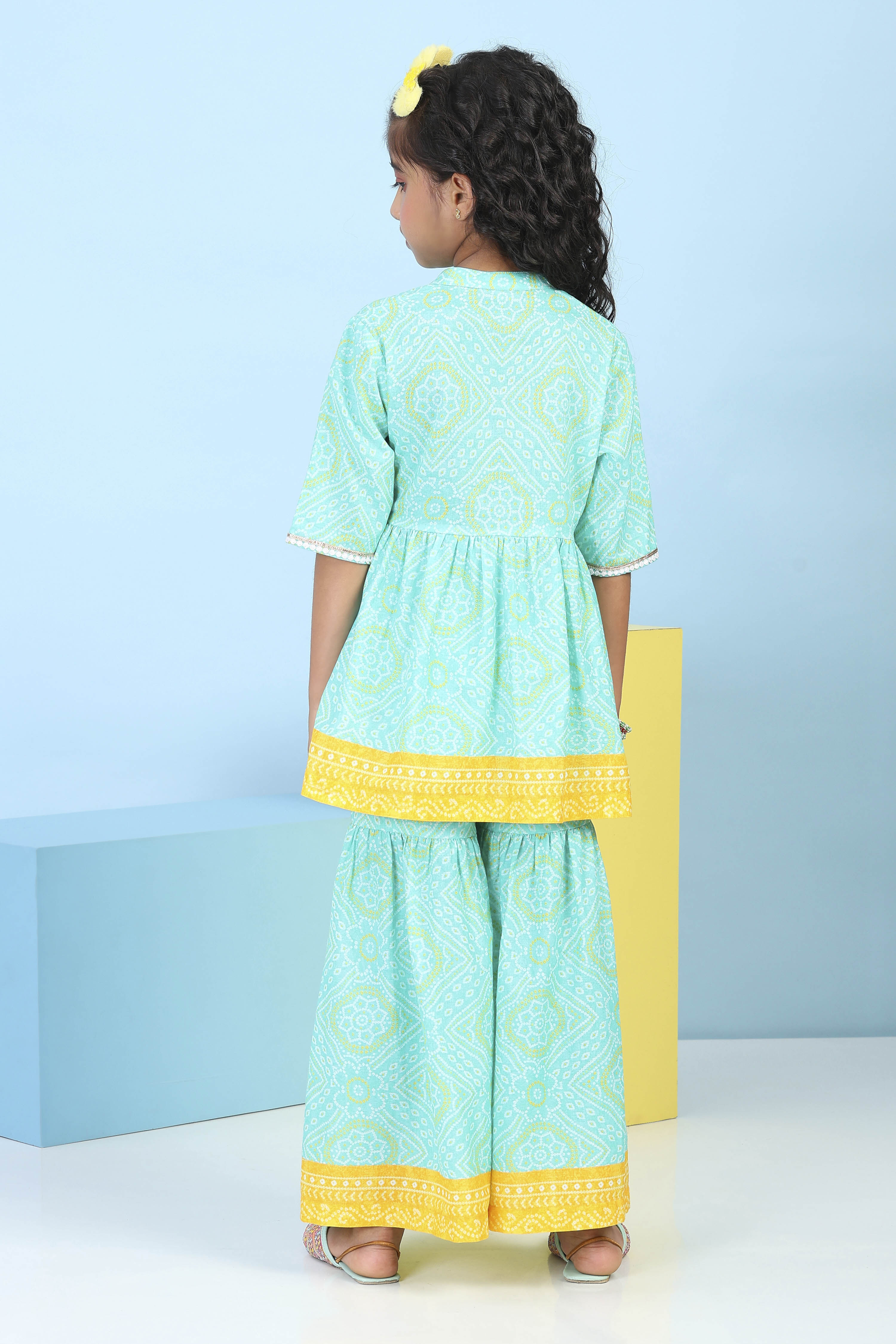 Mint Green Cotton Printed Gathered Suit Set image number 5