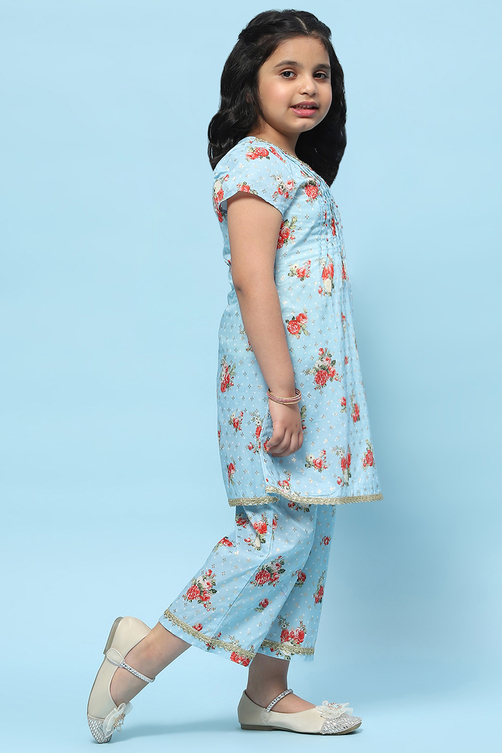 Blue Cotton Floral Printed A-Line Kurta Set image number 5