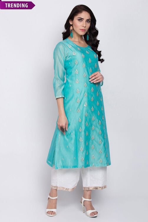 Yellow Poly Cotton A-Line Embroidered Kurta image number 0
