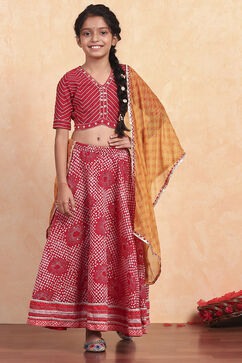 Red Poly Chanderi Printed Lehenga Set image number 6