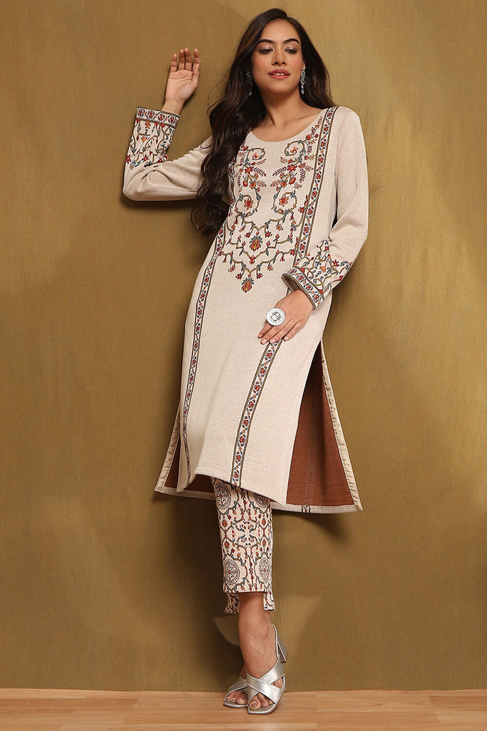 Black Jacquard Printed Straight Winter wear Kurta Set image number 0