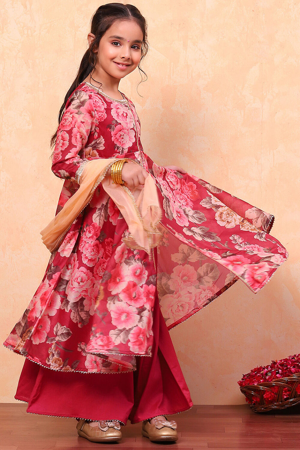 Pink Floral Printed Flared Festive Suit Set image number 0