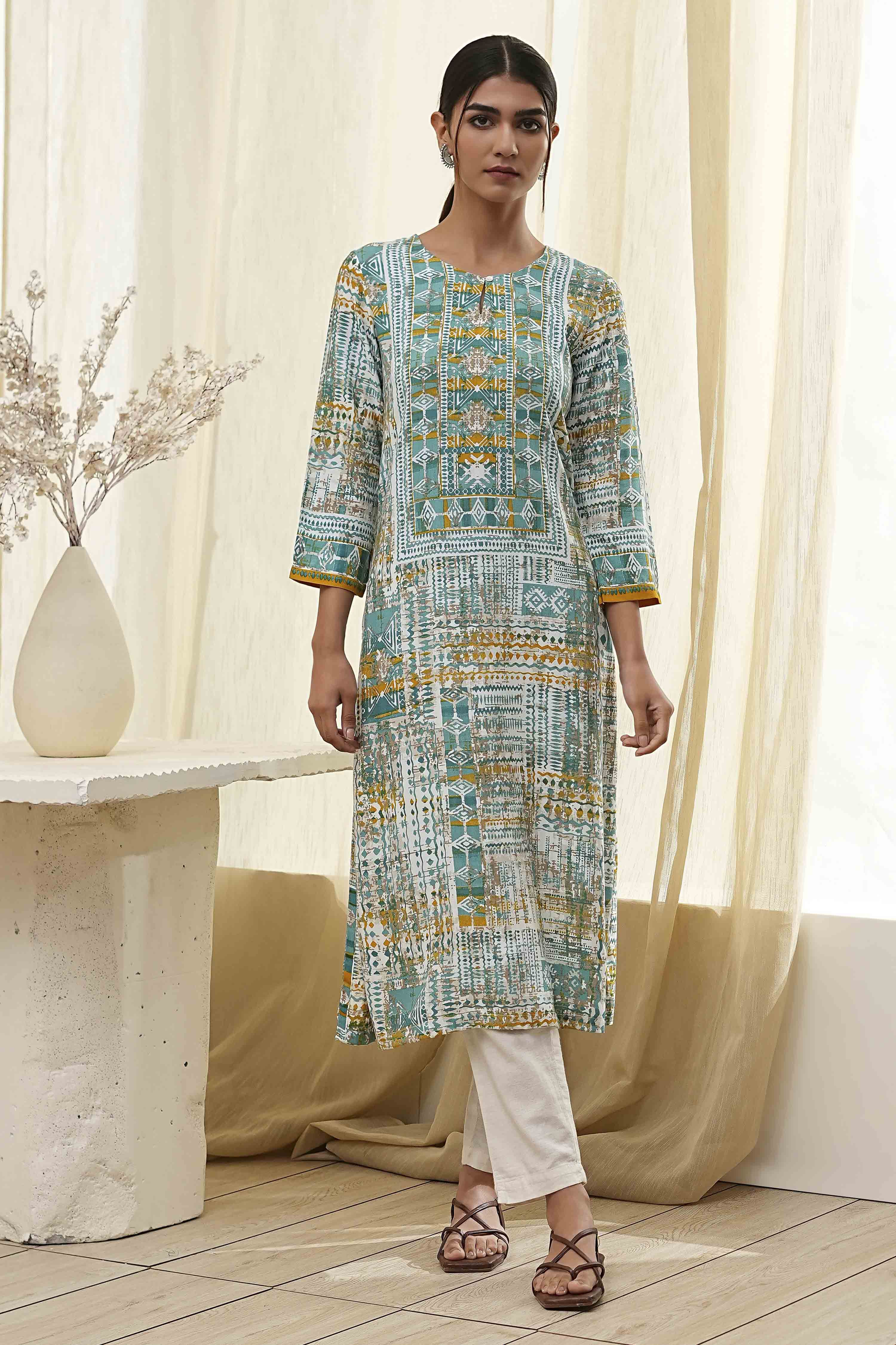 Teal Printed Straight Kurta image number 0