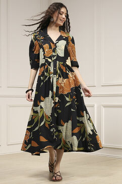 Black Viscose Rayon Straight Printed Dress image number 0