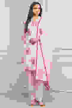 Pink Cotton Printed Straight Salwar Suit Set image number 0