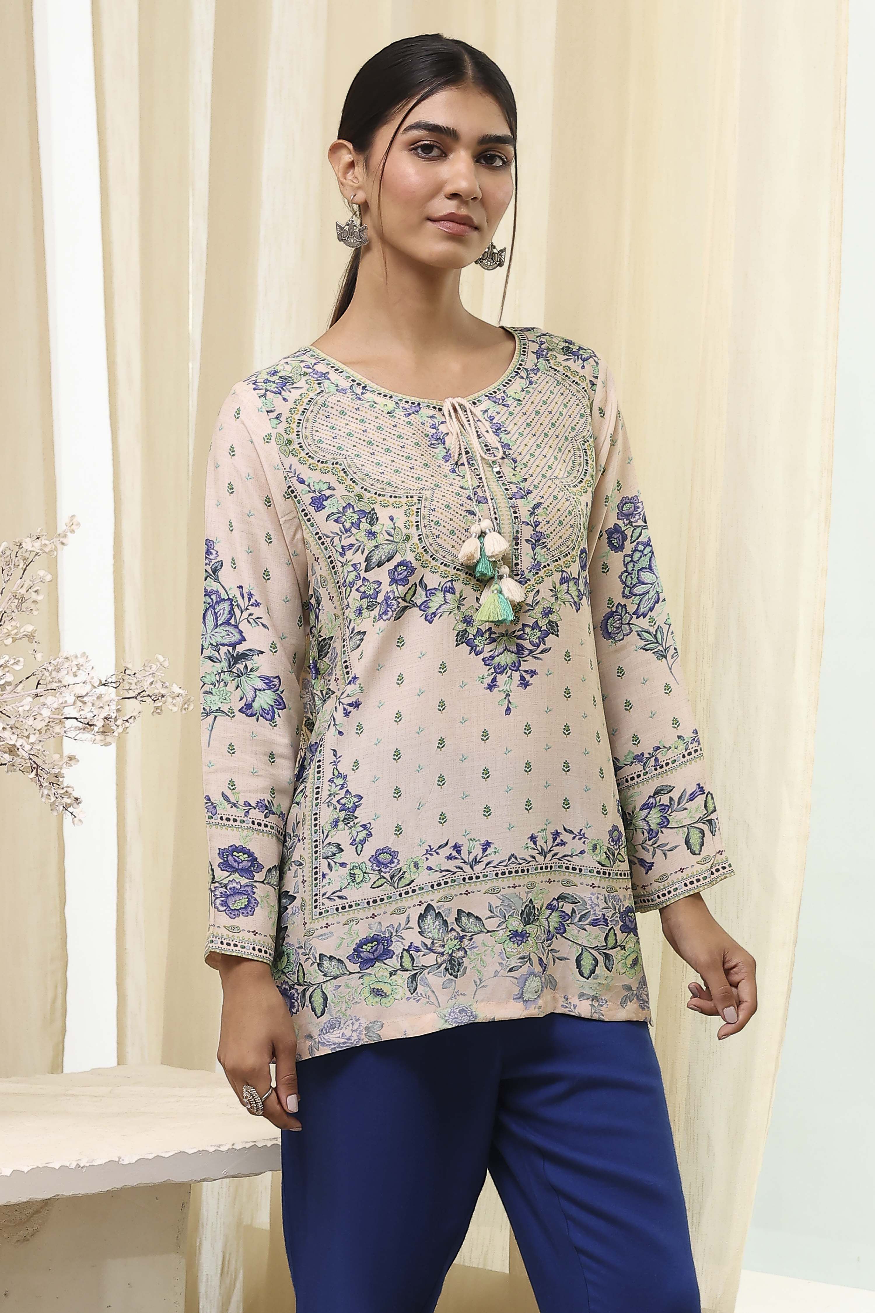 Off-White and Blue Modal Blend Straight Short Kurta image number 0