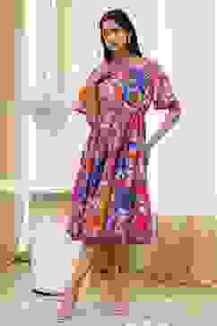 Pink Cotton Printed Flared Dress image number 2