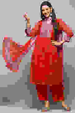 Red Polyester Straight Suit Set image number 0