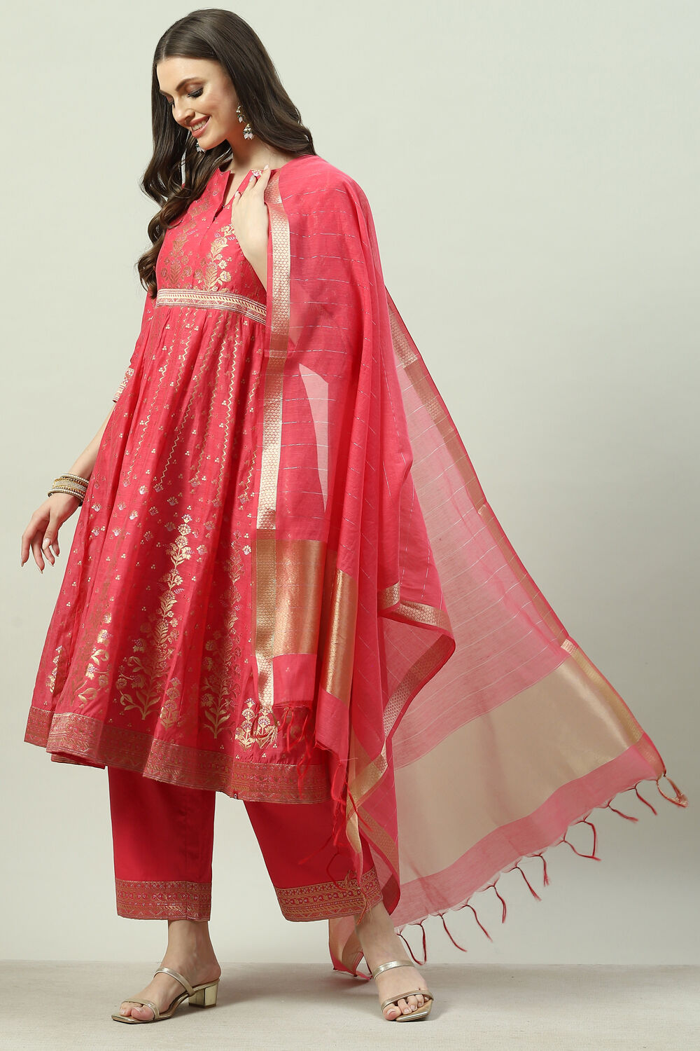 Fuchsia Art Silk Anarkali Kurta Narrow Palazzo Suit Set image number 0